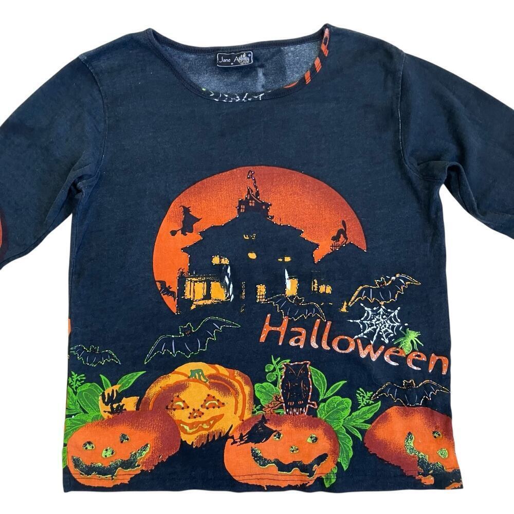 Vintage Jane Ashley Sz M Halloween Shirt Black Orange Beaded Haunted House - Picture 4 of 15
